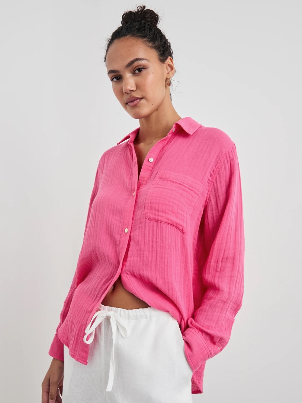 Rails Ellis Cotton Gauze Button Down Top Hibiscus Pink Size Small
